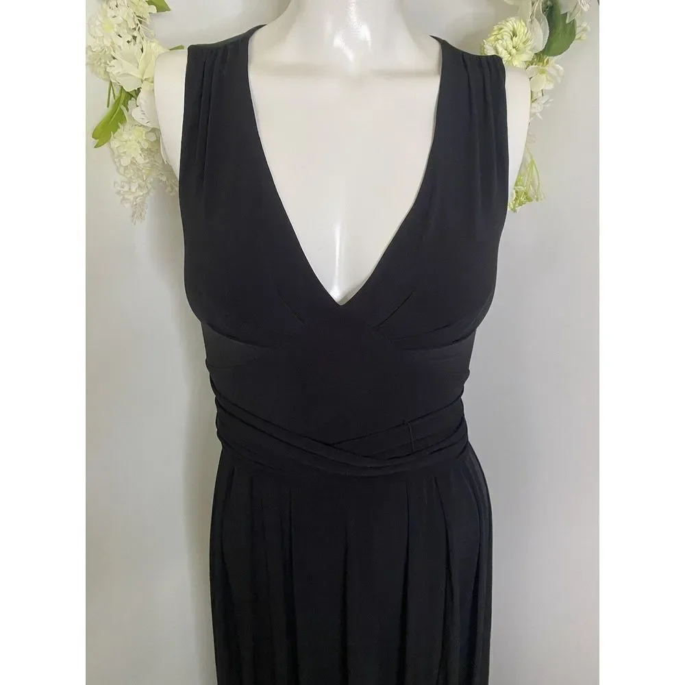 BCBGeneration V Neck Belted Black Maxi‎ Dress XS Front Slit Open Back 58